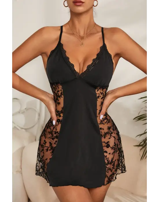 Kadın Siyah Çapraz Sırt Dekolteli Transparan Dantel Gecelik