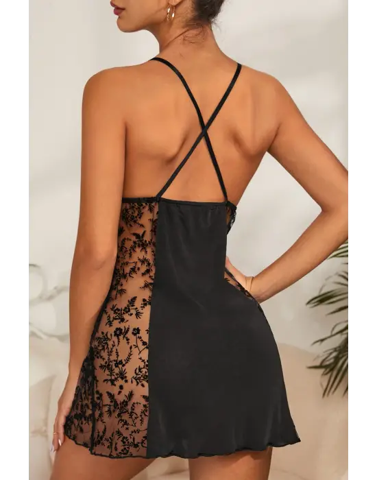 Kadın Siyah Çapraz Sırt Dekolteli Transparan Dantel Gecelik