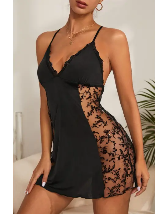 Kadın Siyah Çapraz Sırt Dekolteli Transparan Dantel Gecelik