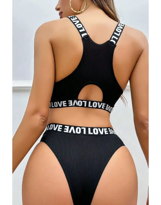 Omarı Siyah Çapraz Sırtlı Sütyen Külot Takım