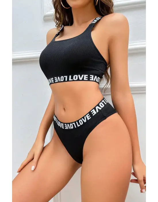 Omarı Siyah Çapraz Sırtlı Sütyen Külot Takım