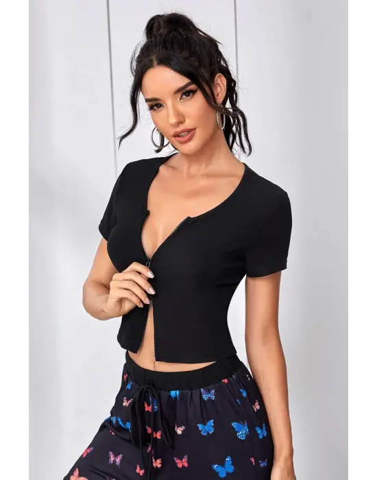 Omarı Siyah Çift Fermuarlı Yarım Kol Crop Top Bluz