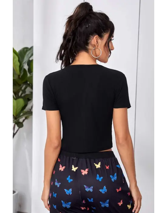 Omarı Siyah Çift Fermuarlı Yarım Kol Crop Top Bluz