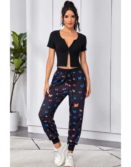 Omarı Siyah Çift Fermuarlı Yarım Kol Crop Top Bluz