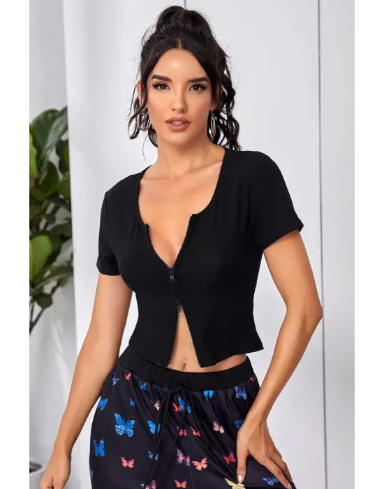 Omarı Siyah Çift Fermuarlı Yarım Kol Crop Top Bluz