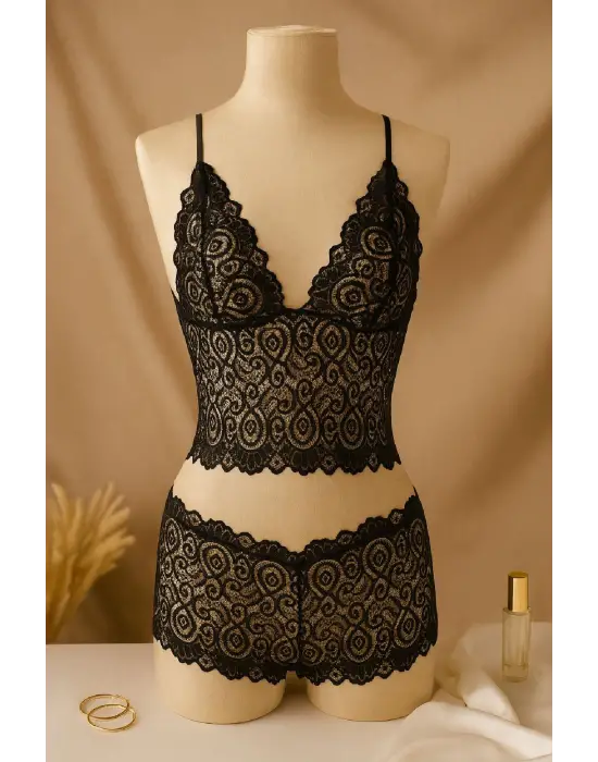 Kadın Siyah Dantel Bralet Şort Takımı – Şık, Zarif ve Feminen İç Giyim
