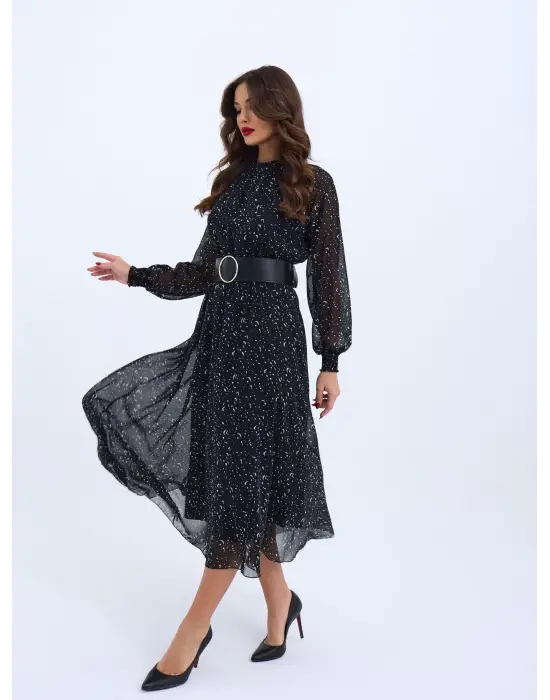 Omarı Çiçek Desenli Şık Elbise