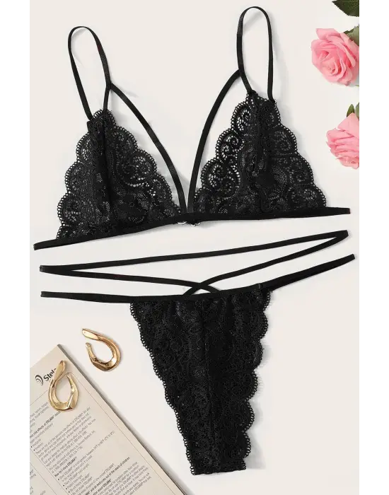 Omarı Siyah Dantel Kadın İç Çamaşır Seti