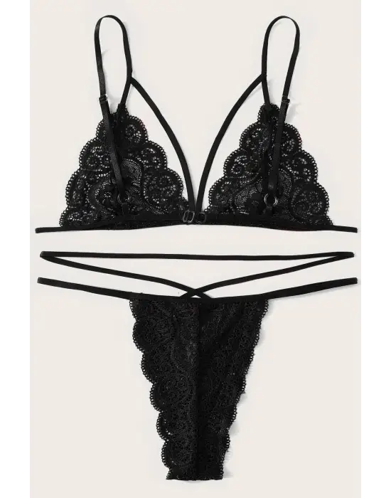 Omarı Siyah Dantel Kadın İç Çamaşır Seti