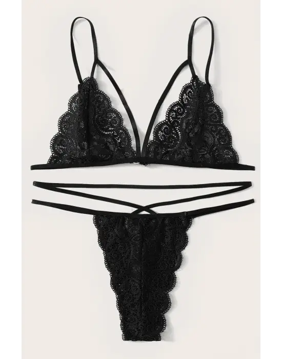Omarı Siyah Dantel Kadın İç Çamaşır Seti