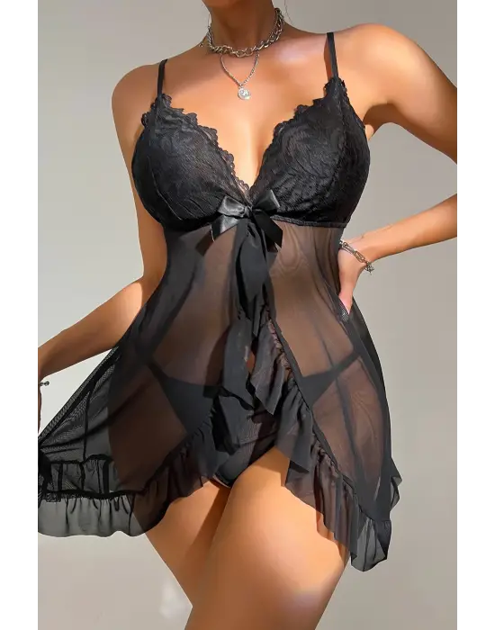 Omarı Şık Siyah Tül Detaylı Kadın Gecelik Takımı