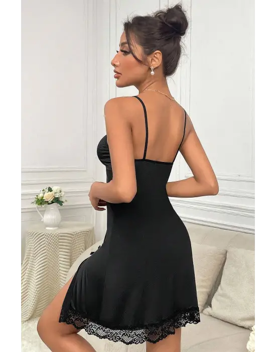 Omarı Zarif Siyah Dantelli Fiyonklu Gecelik