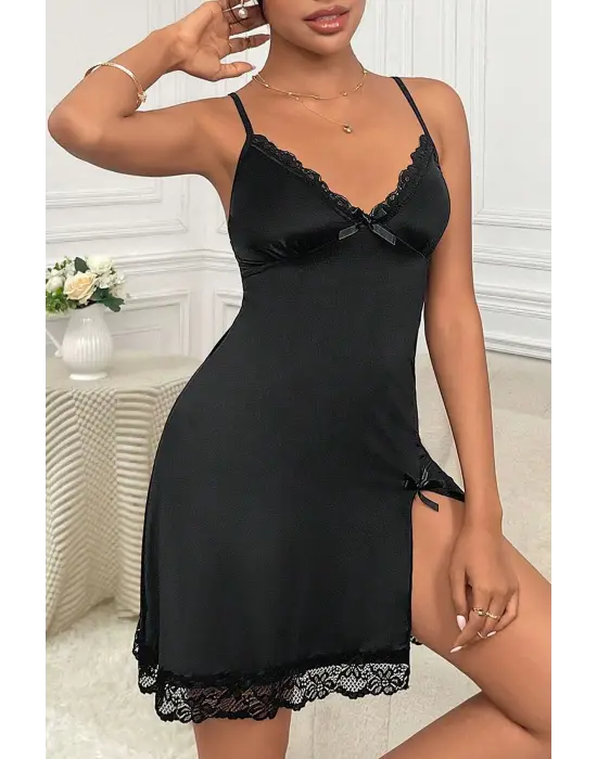 Omarı Zarif Siyah Dantelli Fiyonklu Gecelik