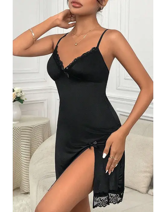 Omarı Zarif Siyah Dantelli Fiyonklu Gecelik