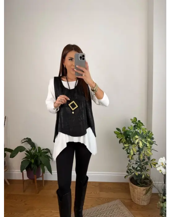 Kadın Siyah Deri Yelekli Kolye Dahil üçlü Takım