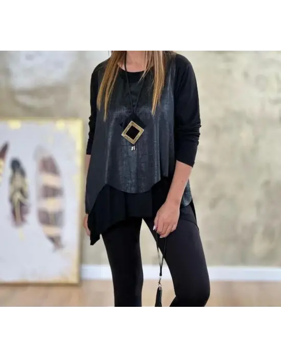 Kadın Siyah Deri Yelekli Kolye Dahil üçlü Takım