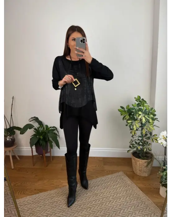 Kadın Siyah Deri Yelekli Kolye Dahil üçlü Takım