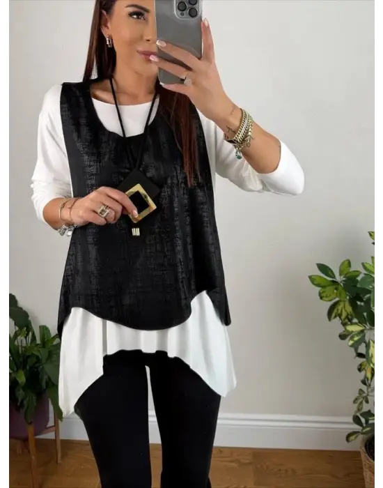 Kadın Siyah Deri Yelekli Kolye Dahil üçlü Takım