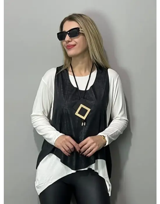 Kadın Siyah Deri Yelekli Kolye Dahil üçlü Takım