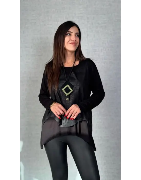 Kadın Siyah Deri Yelekli Kolye Dahil üçlü Takım