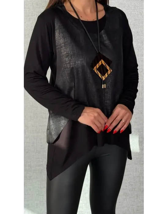 Kadın Siyah Deri Yelekli Kolye Dahil üçlü Takım