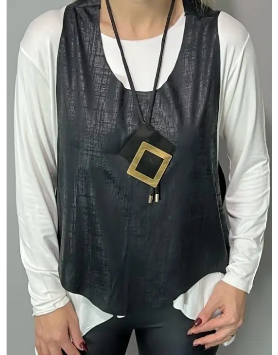 Kadın Siyah Deri Yelekli Kolye Dahil üçlü Takım