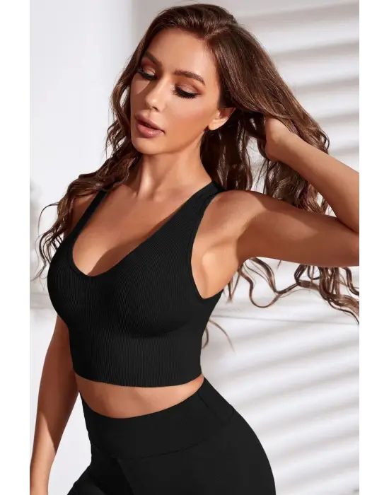 Omarı Derin Göğüs Dekolteli Siyah Kadın Crop Top Bluz