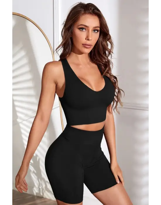 Omarı Derin Göğüs Dekolteli Siyah Kadın Crop Top Bluz