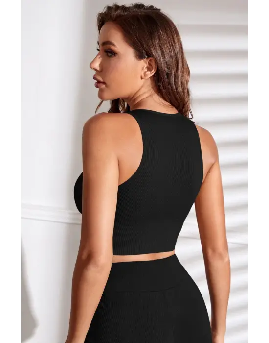 Omarı Derin Göğüs Dekolteli Siyah Kadın Crop Top Bluz