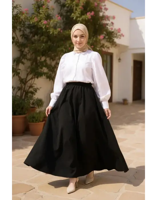 Kadın Siyah Double Kumaş Beli Lastikli Cepli Etek