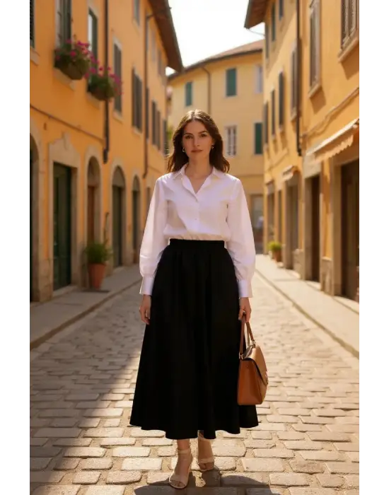 Kadın Siyah Double Kumaş Beli Lastikli Cepli Etek