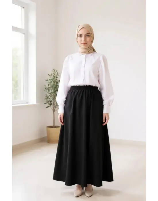 Kadın Siyah Double Kumaş Beli Lastikli Cepli Etek