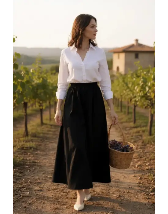 Kadın Siyah Double Kumaş Beli Lastikli Cepli Etek