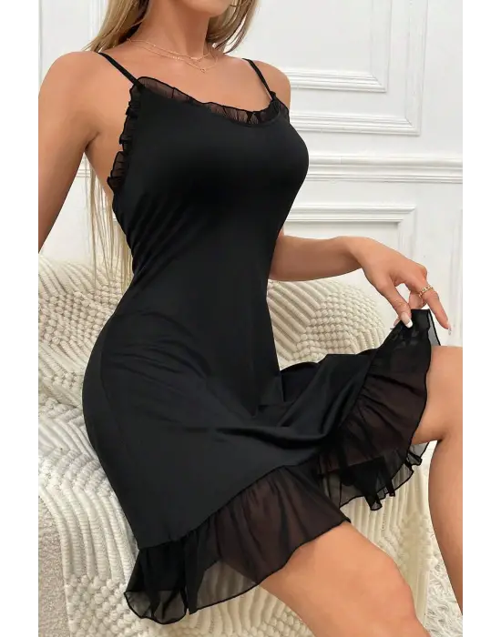 Omarı Siyah Tül Detaylı Kadın Gecelik