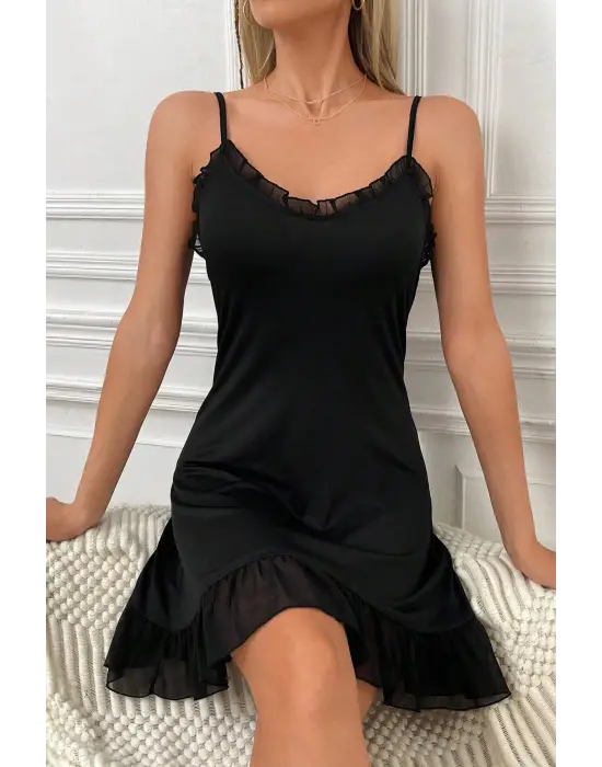 Omarı Siyah Tül Detaylı Kadın Gecelik