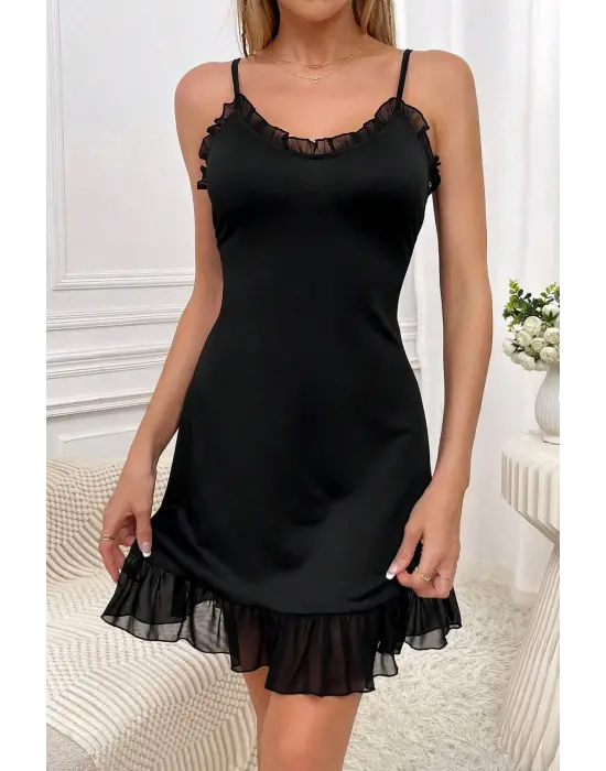 Omarı Siyah Tül Detaylı Kadın Gecelik