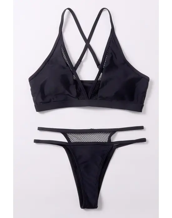 Omarı Şık Siyah File Detaylı İç Çamaşır Seti