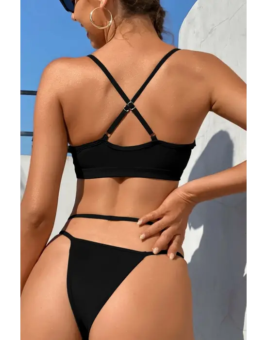 Omarı Göz Alıcı Siyah File Detaylı Bikini Takımı