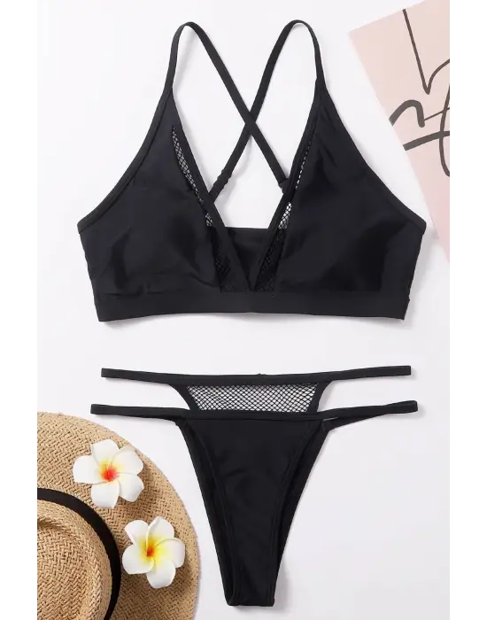 Omarı Göz Alıcı Siyah File Detaylı Bikini Takımı