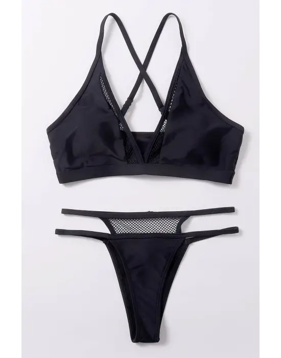Omarı Göz Alıcı Siyah File Detaylı Bikini Takımı