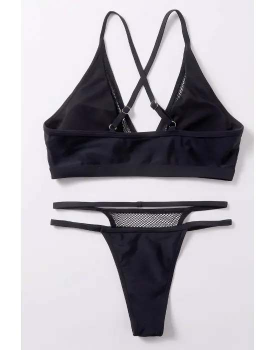 Omarı Göz Alıcı Siyah File Detaylı Bikini Takımı