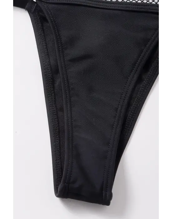 Omarı Göz Alıcı Siyah File Detaylı Bikini Takımı