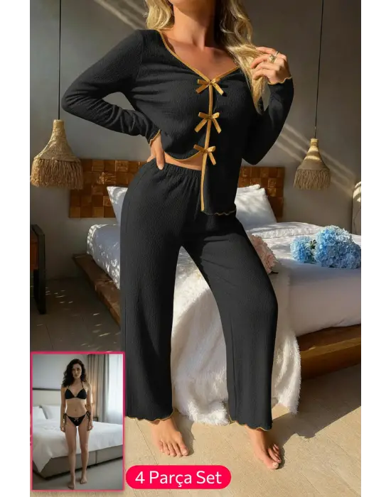 Kadın Siyah Fiyonklu İç Çamaşırı ve Uzun Kollu V Yaka Pijama Takımı 4lü Set
