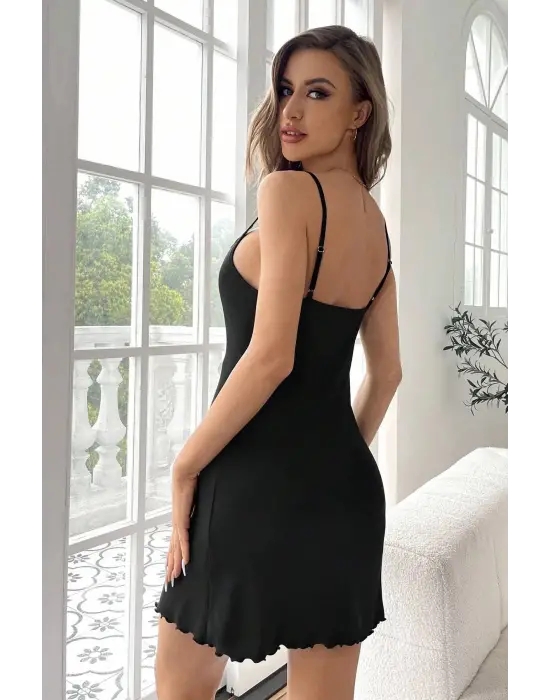 Omarı Siyah Dantelli Fitilli Kumaş Şık Gecelik