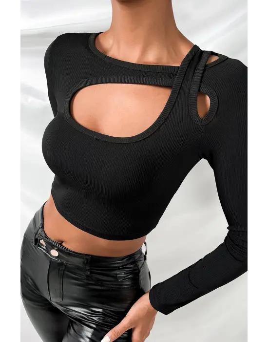 Omarı Siyah Göğüs Dekolteli Çapraz Askılı Crop Top Bluz
