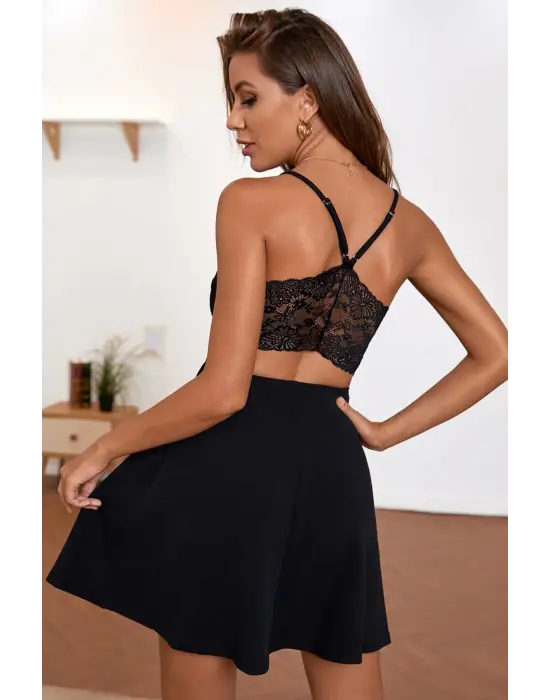 Omarı Şık İp Askılı Siyah Dantel Detaylı Kadın Gecelik