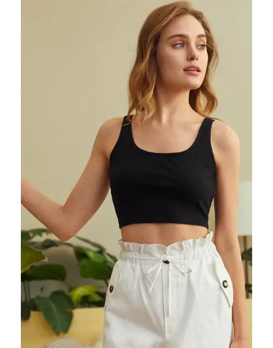 Omarı Kadın Siyah Kalın Askılı Crop Top