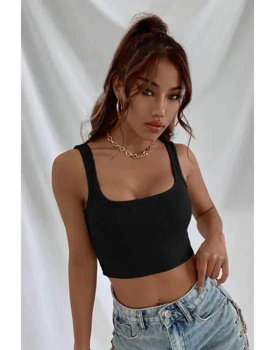Omarı Kadın Siyah Kalın Askılı Crop Top