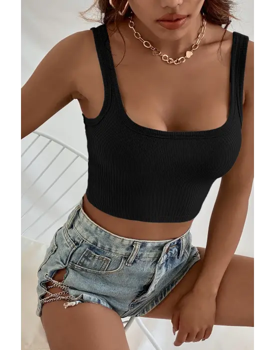 Omarı Kadın Siyah Kalın Askılı Crop Top