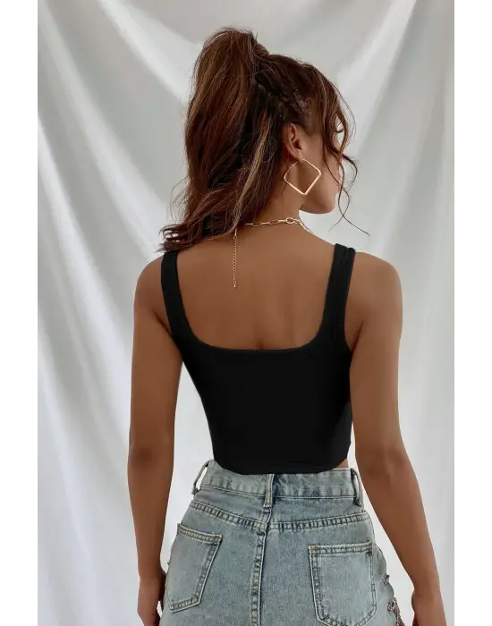 Omarı Kadın Siyah Kalın Askılı Crop Top